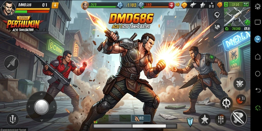 Tangkapan layar gameplay DMD686 yang menggambarkan pertarungan aksi yang intens.