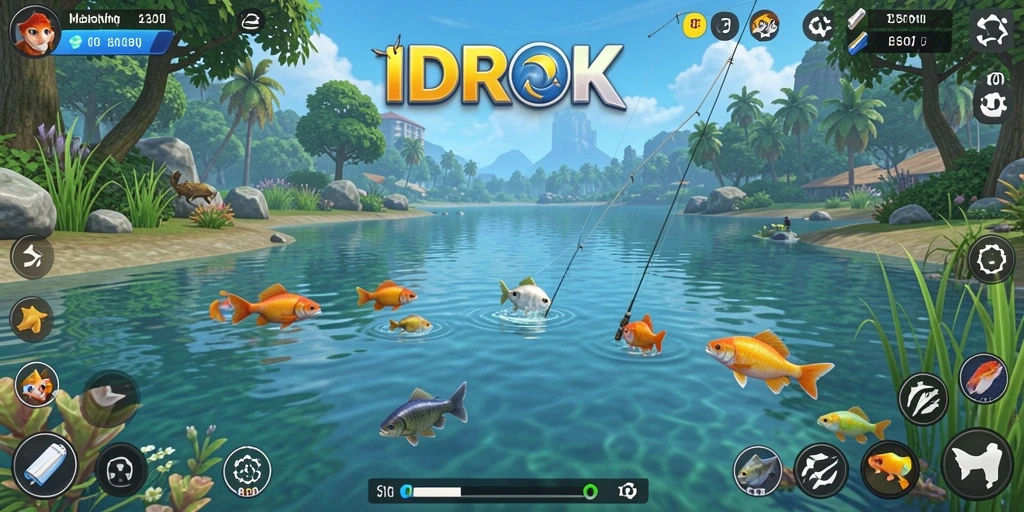 Screenshot gameplay menampilkan aksi seru memancing di laut yang indah.