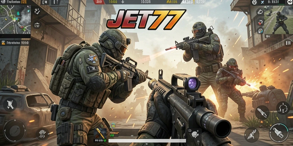 Screenshot permainan JET77 menampilkan aksi pertempuran yang intens dan mendebarkan.