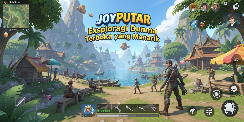 Screenshot gameplay JOYPUTAR yang menunjukkan eksplorasi dunia terbuka yang indah.