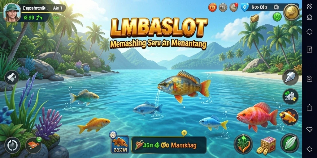 Screenshot gameplay LMBASLOT yang menampilkan aksi memancing seru.